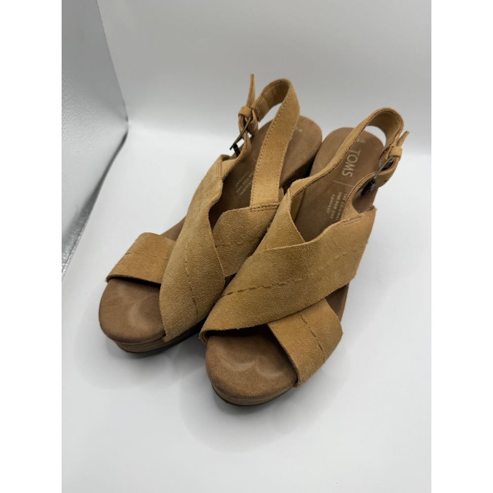 TOMS Monica Honey Suede Platform Wedge Sandals Womens 6.5 Tan Brown Heels
